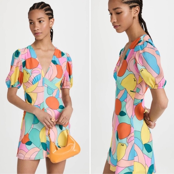 Staud Mini Milla Dress in Citrus Kaleidoscope Multicolor Puff Sleeve in Size 0 - Picture 2 of 16